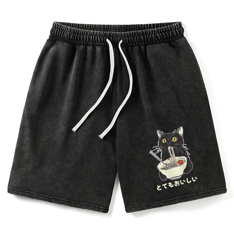 Modecanvas Cats Eat Ramen Noodles Washed Shorts