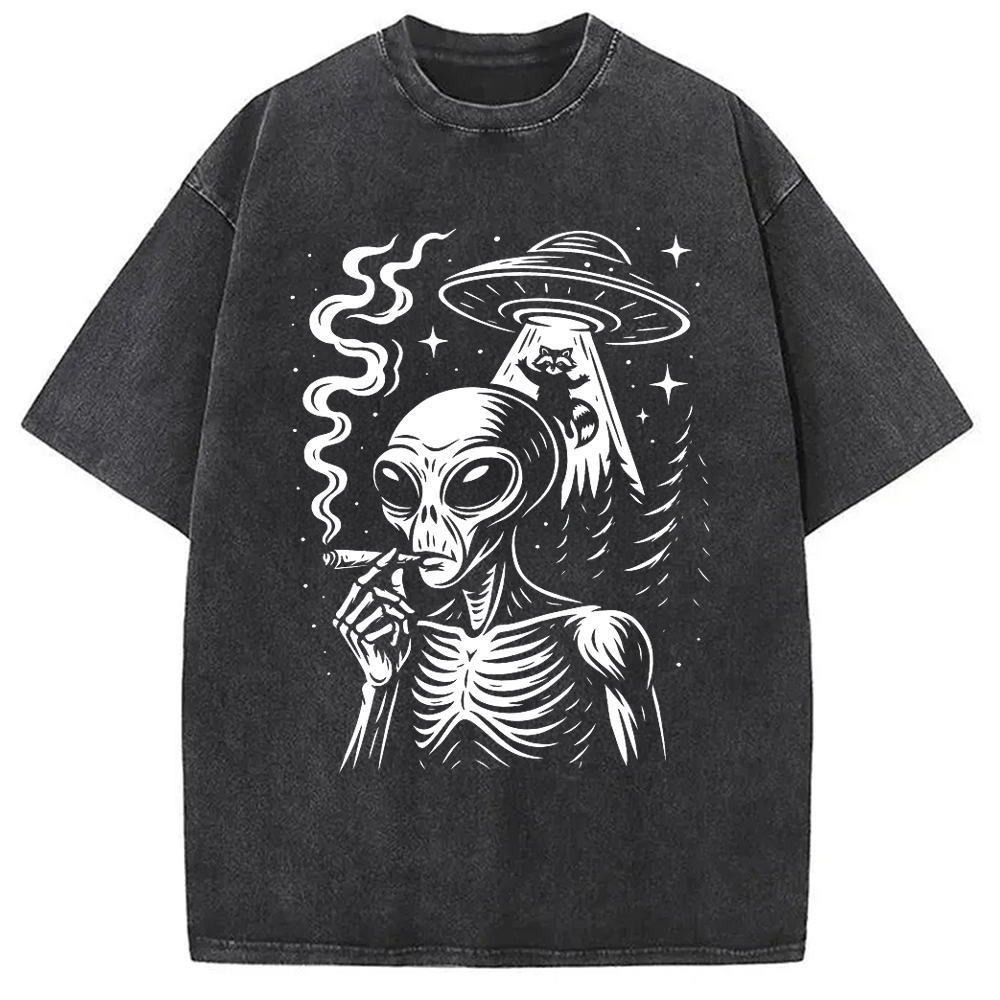 Modecanvas Stoner Alien UFO Raccoon DTG Printing Washed T-Shirt-modecanvas
