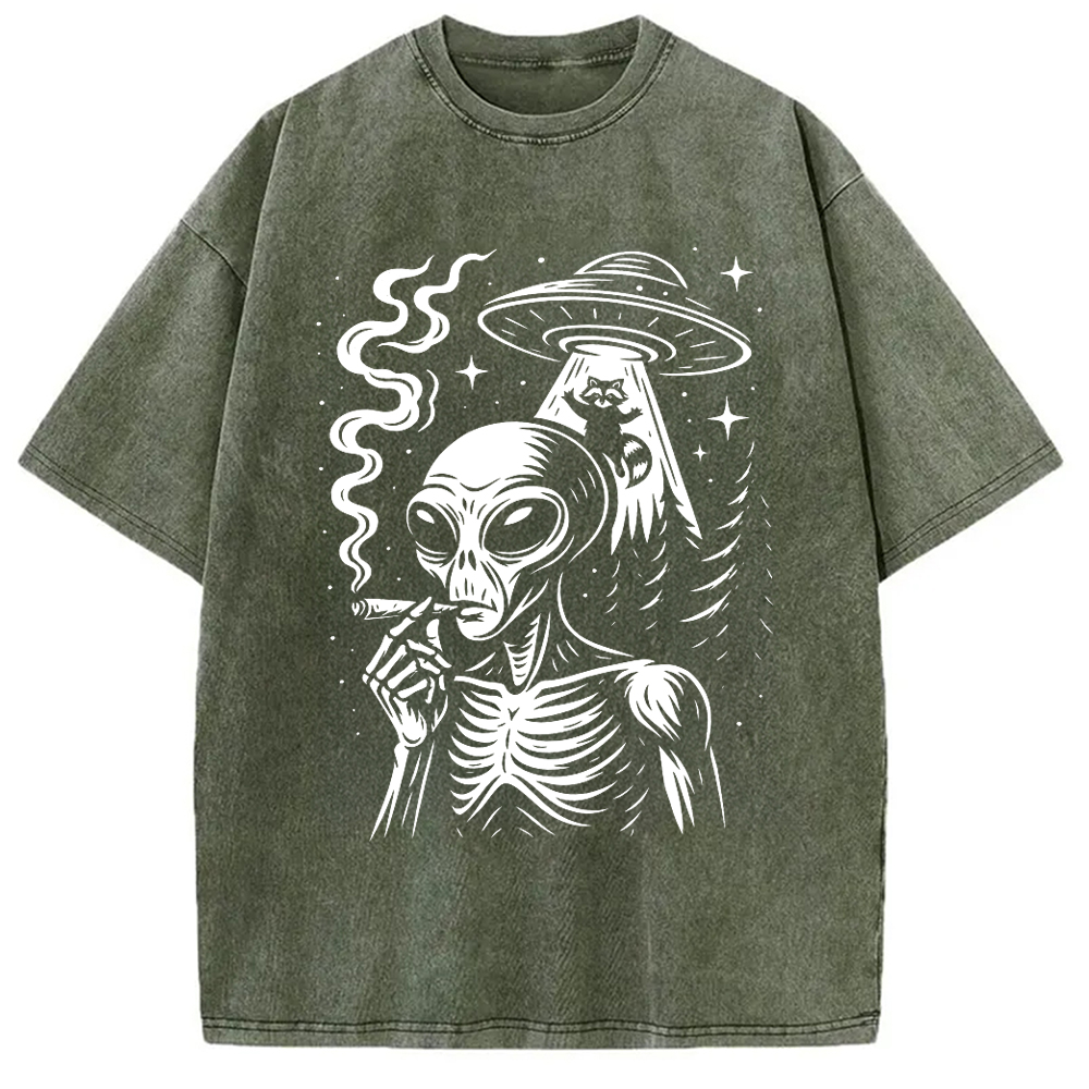 Modecanvas Stoner Alien UFO Raccoon DTG Printing Washed T-Shirt-modecanvas