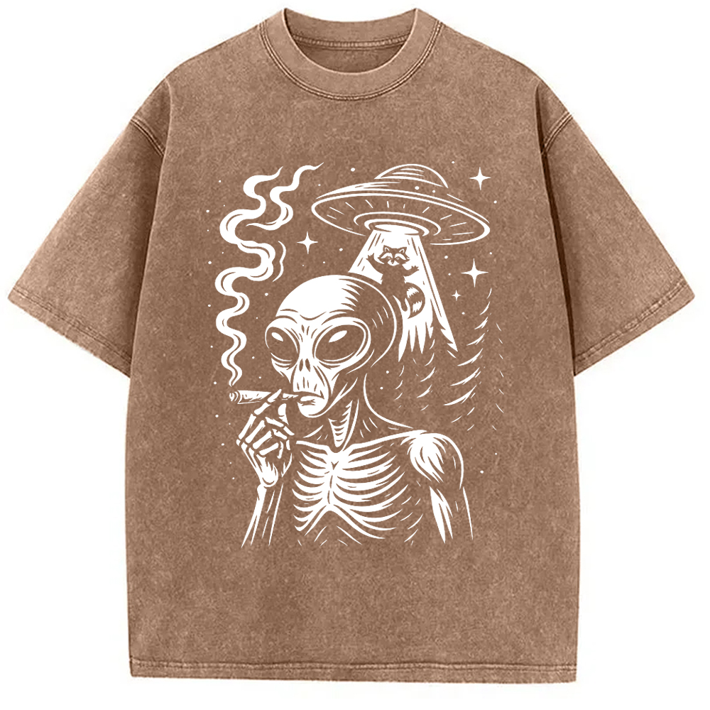 Modecanvas Stoner Alien UFO Raccoon DTG Printing Washed T-Shirt-modecanvas