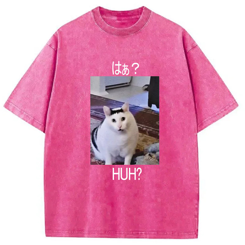 Modecanvas Huh? Funny Cat Meme Washed T-Shirt-modecanvas