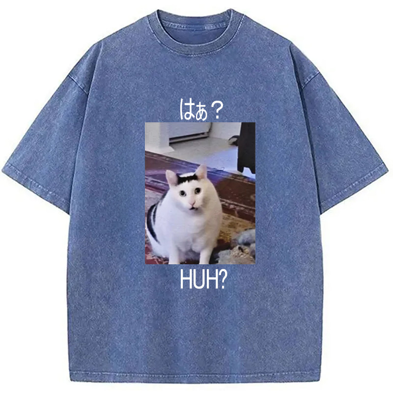 Modecanvas Huh? Funny Cat Meme Washed T-Shirt-modecanvas