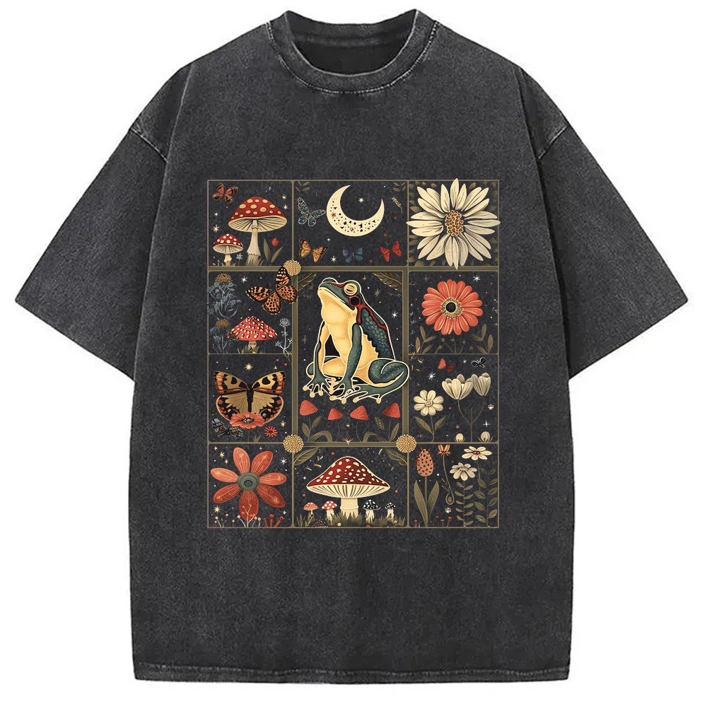 Modecanvas Celestial Frog Goblincore Mushroom Washed T-Shirt-modecanvas