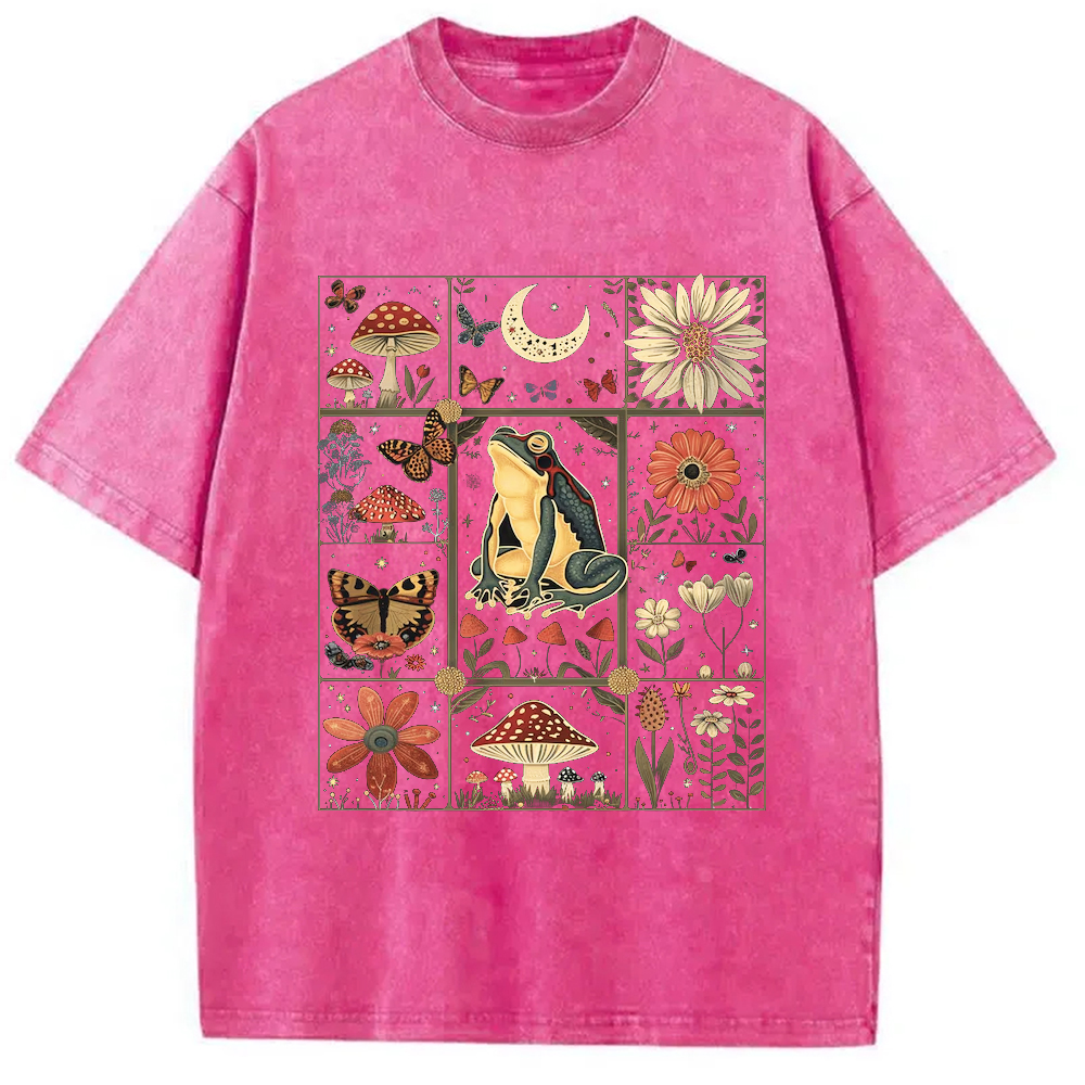 Modecanvas Celestial Frog Goblincore Mushroom Washed T-Shirt-modecanvas