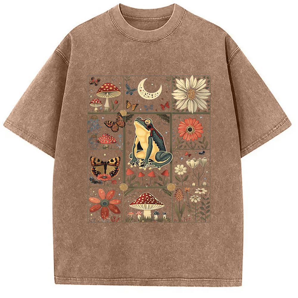 Modecanvas Celestial Frog Goblincore Mushroom Washed T-Shirt-modecanvas