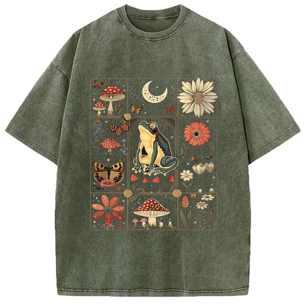 Modecanvas Celestial Frog Goblincore Mushroom Washed T-Shirt-modecanvas