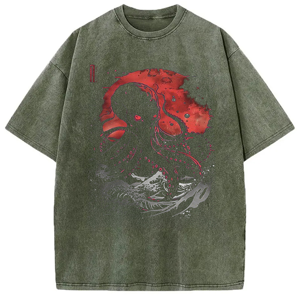 Modecanvas Red Moon Kraken Octopus DTG Printing Washed T-Shirt-modecanvas