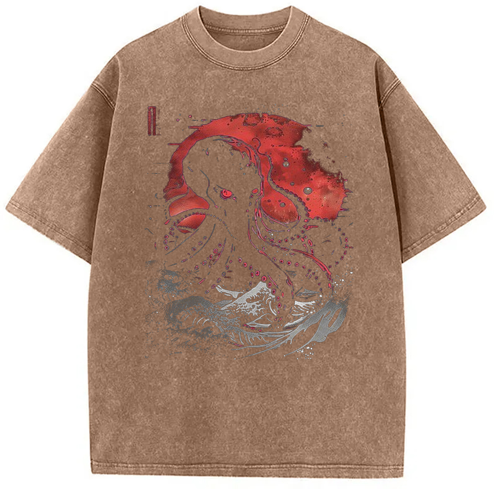 Modecanvas Red Moon Kraken Octopus DTG Printing Washed T-Shirt-modecanvas