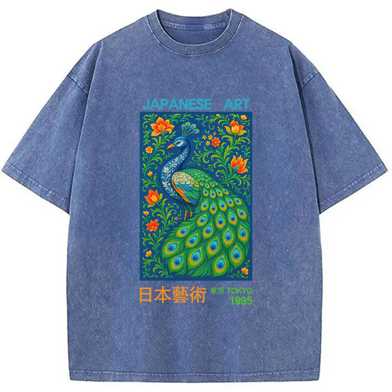 Modecanvas Majestic Peacock Japanese Art Washed T-Shirt