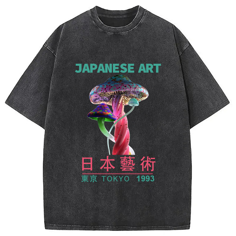 Modecanvas Psychedelic Mushrooms Japanese Art Washed T-Shirt