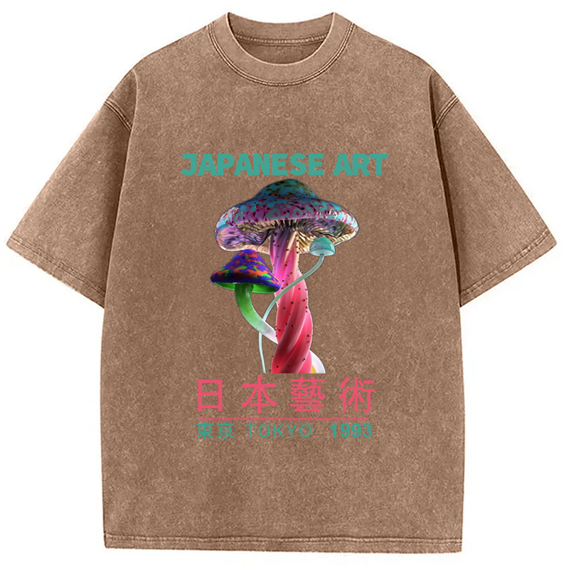 Modecanvas Psychedelic Mushrooms Japanese Art Washed T-Shirt