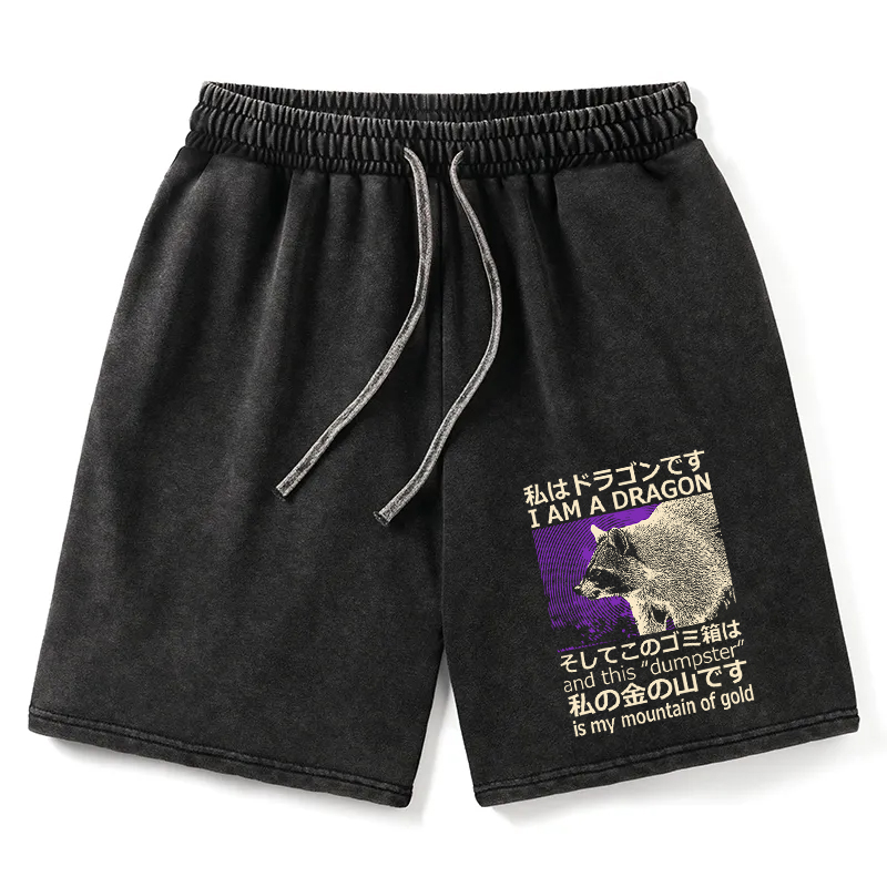 Modecanvas I Am A Dragon and this "Dumpster" is My Mountain of Gold Washed Shorts For Sale