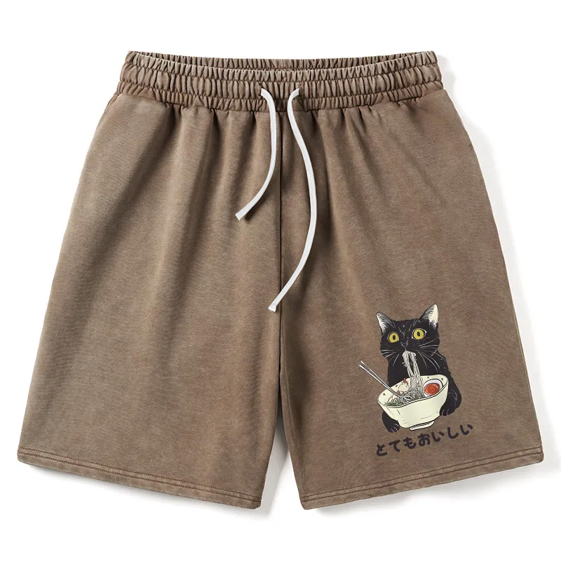 Modecanvas Cats Eat Ramen Noodles Washed Shorts