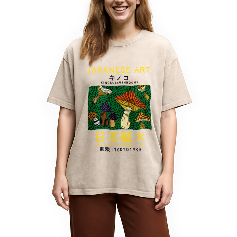 Modecanvas Japanese Art Colorful Mushrooms Washed T-Shirt