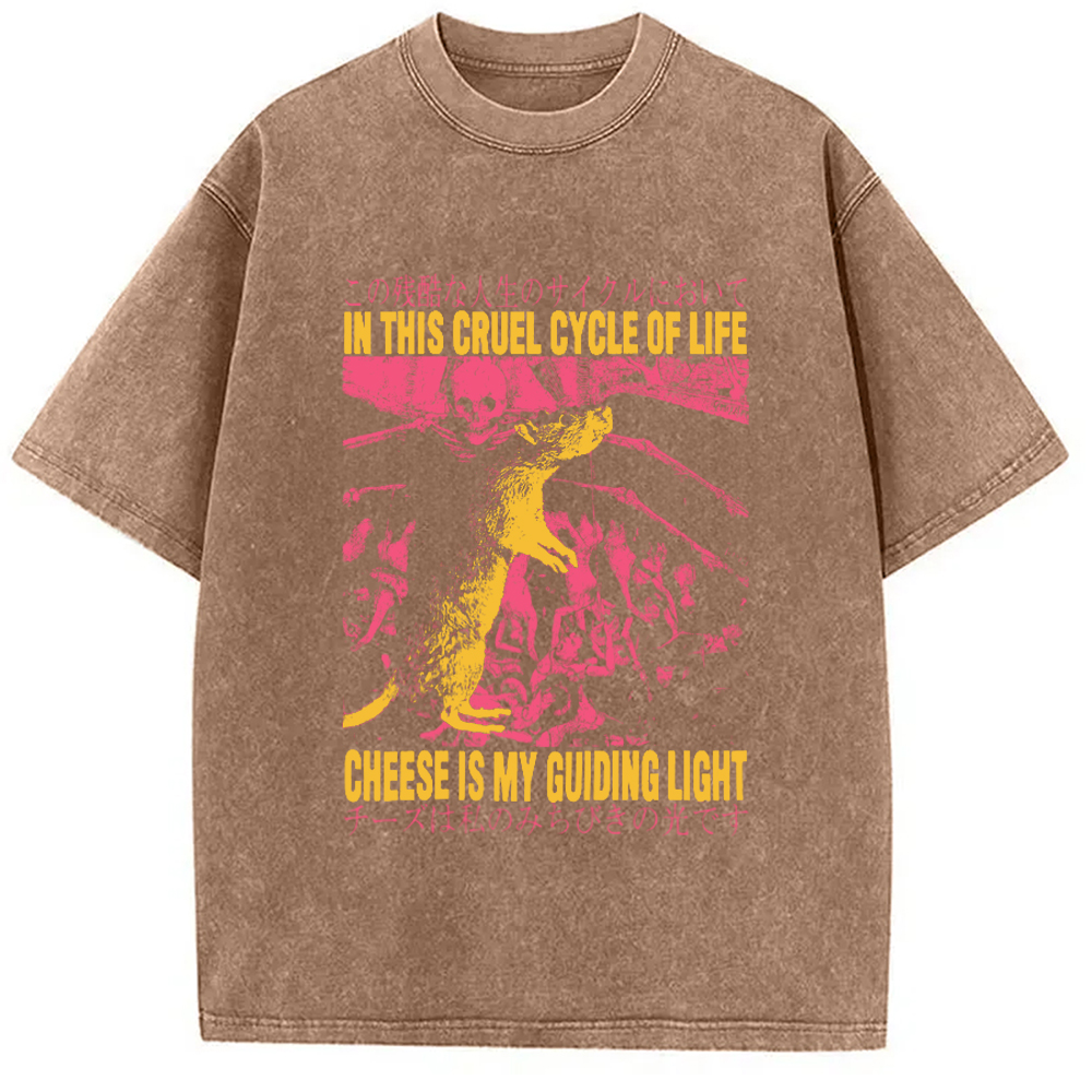 Modecanvas Cheese is My Guiding Light Rat Washed T-Shirt-modecanvas