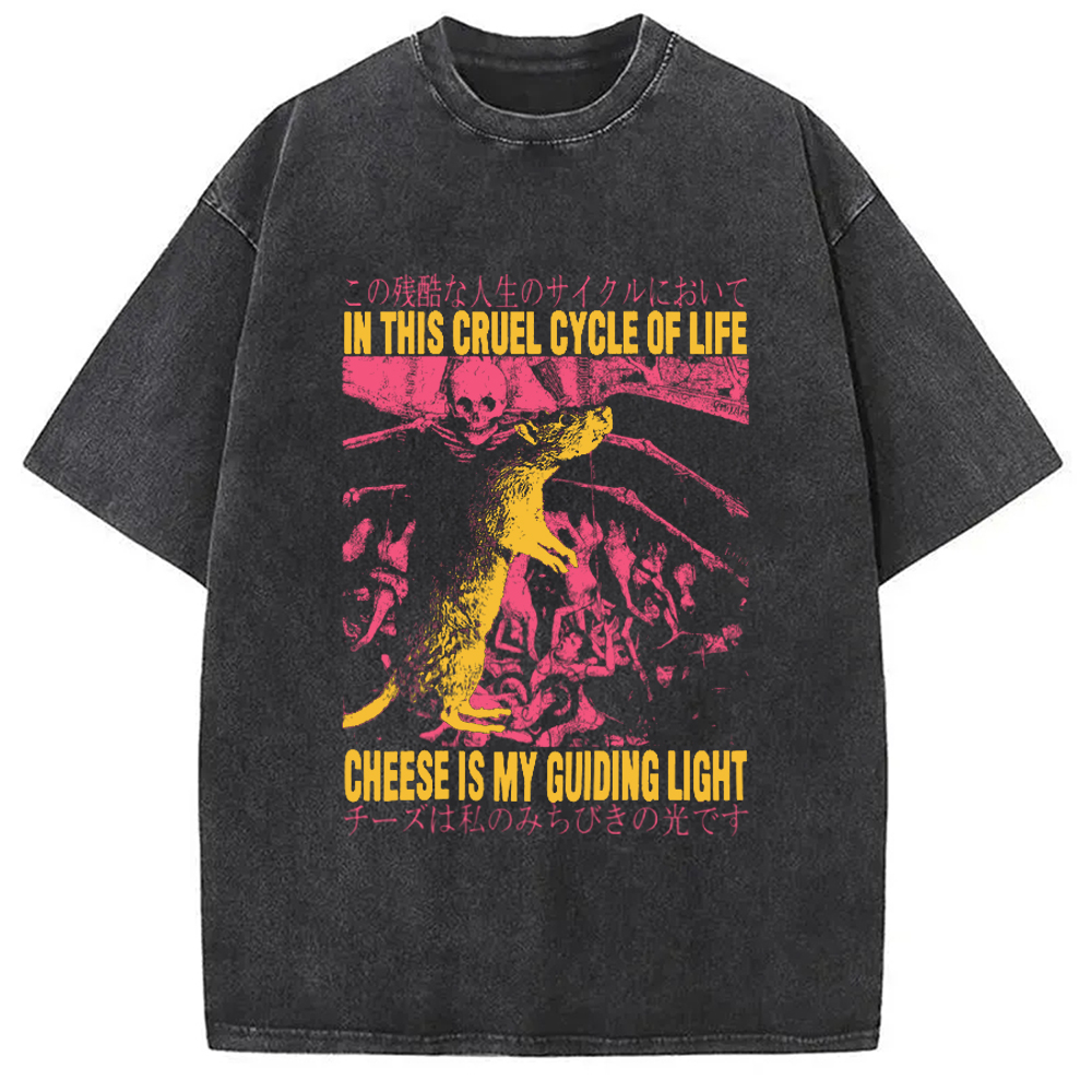 Modecanvas Cheese is My Guiding Light Rat Washed T-Shirt-modecanvas