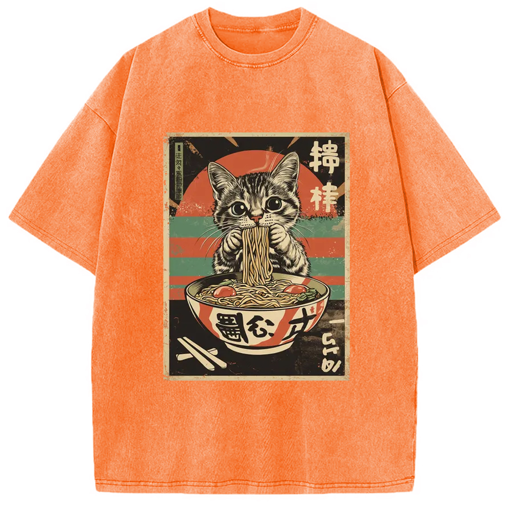 Modecanvas Kawaii Cat Lover Ramen Washed T-Shirt