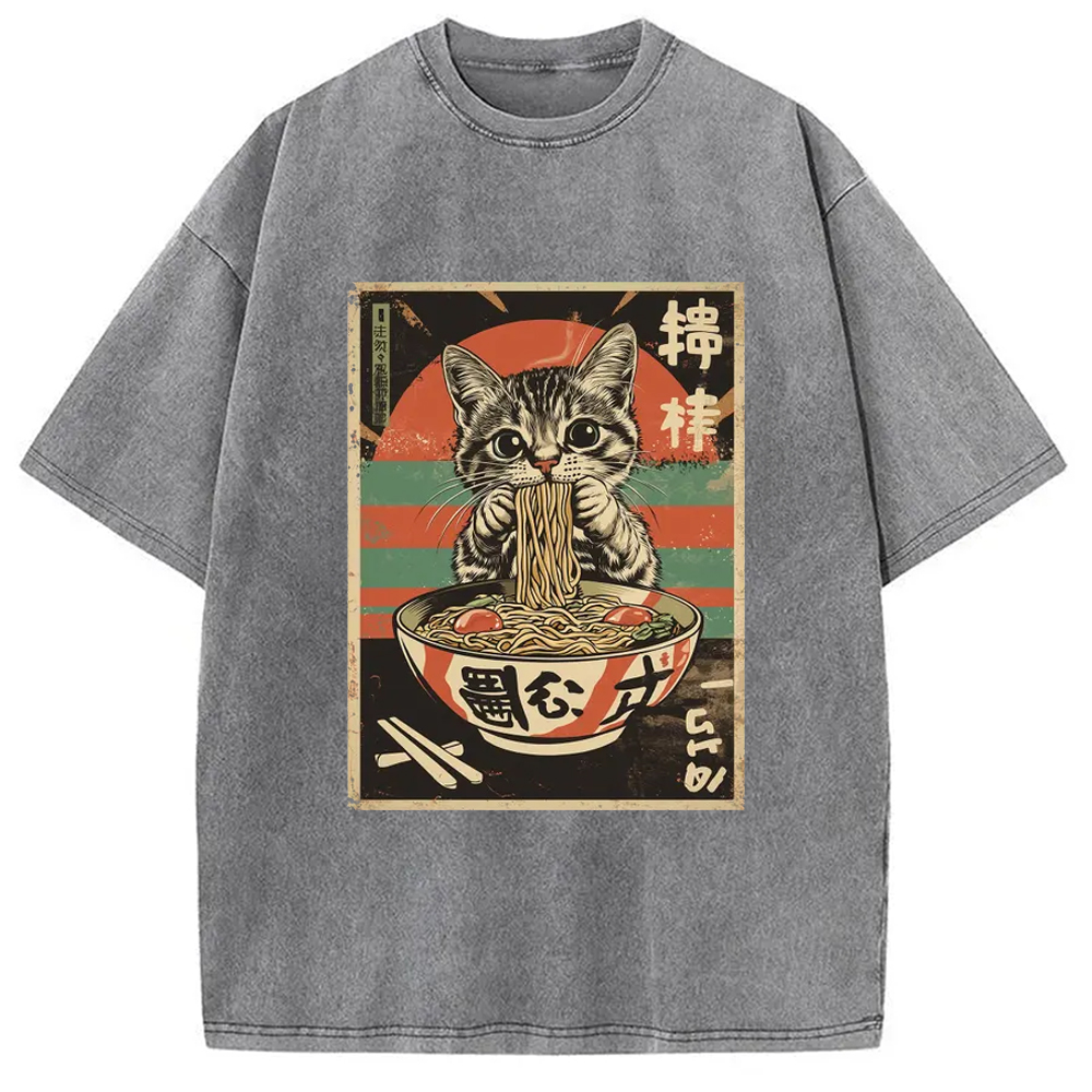 Modecanvas Kawaii Cat Lover Ramen Washed T-Shirt