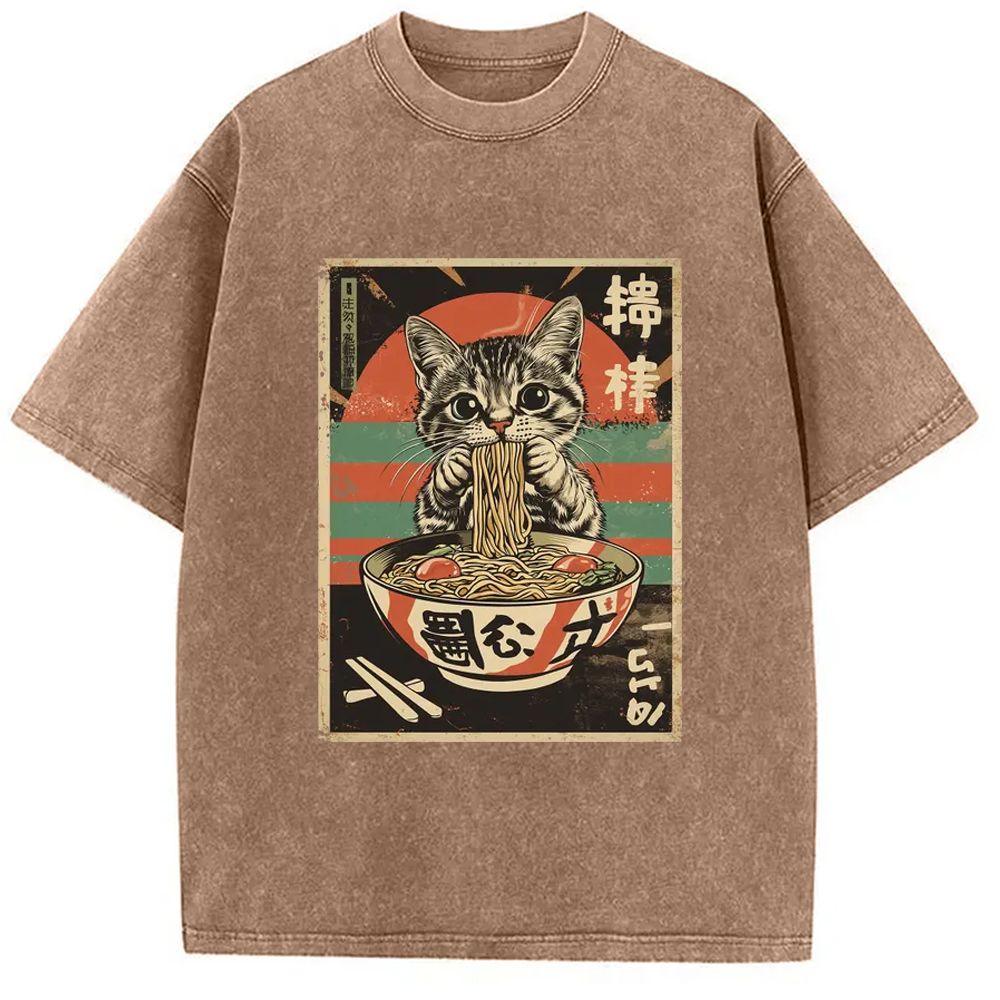Modecanvas Kawaii Cat Lover Ramen Washed T-Shirt