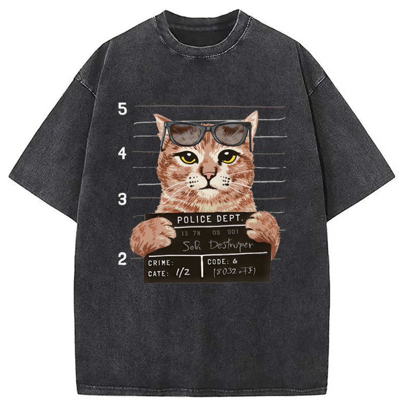 Modecanvas Cat Holding Mugshot Arrested Washed T-Shirt
