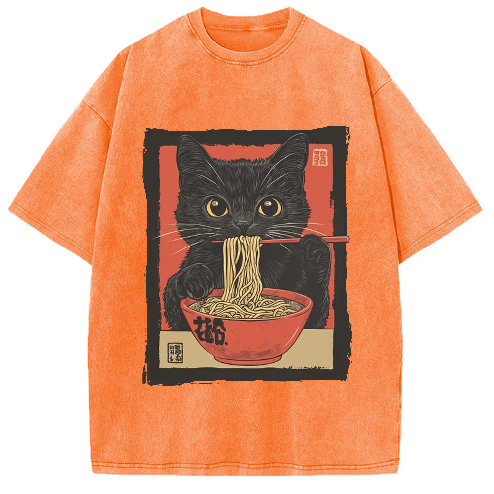 Modecanvas Kawaii Japanese Ramen Cat Vintage Washed T-Shirt