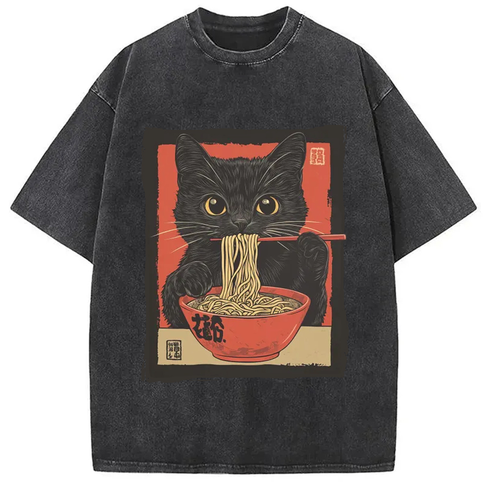 Modecanvas Kawaii Japanese Ramen Cat Vintage Washed T-Shirt