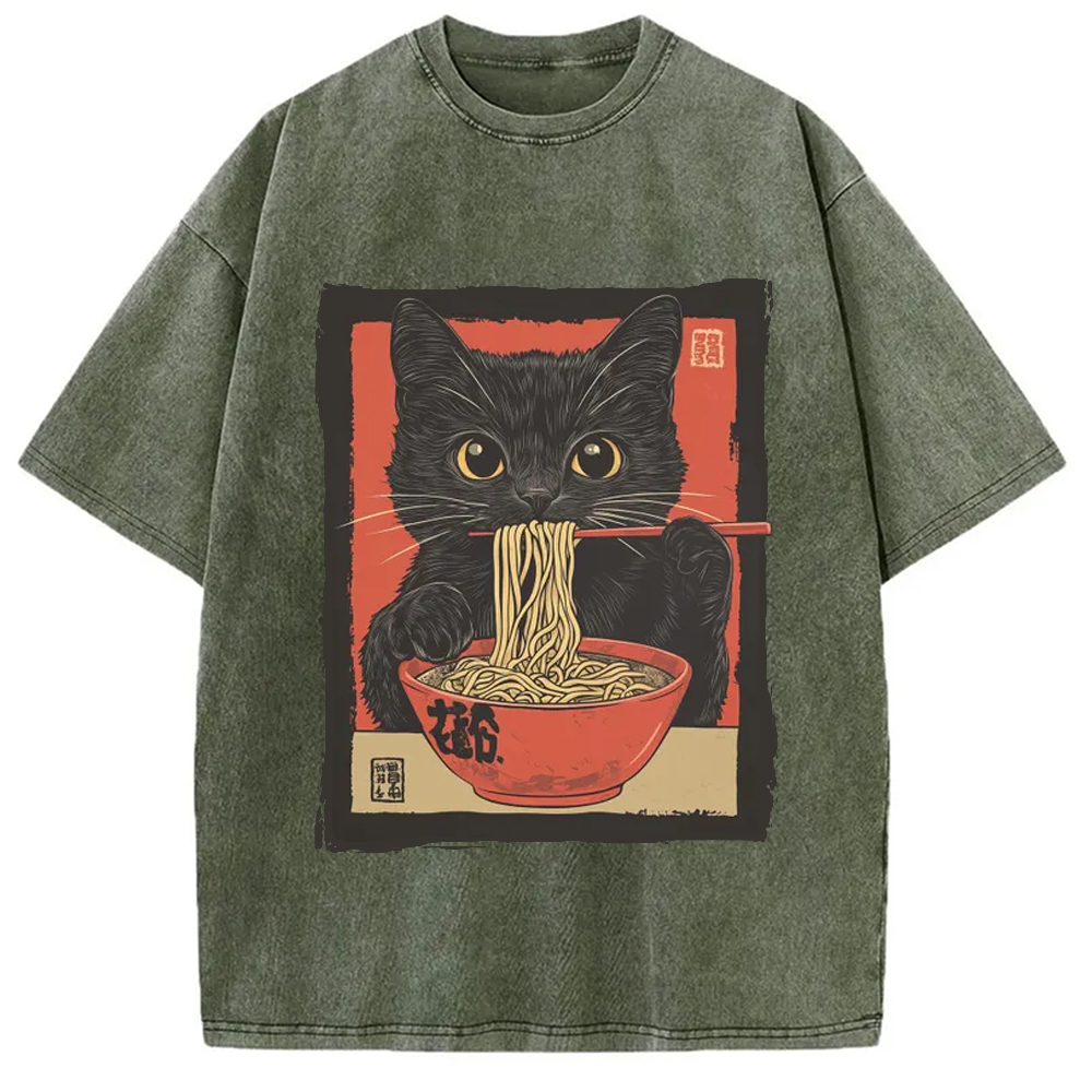 Modecanvas Kawaii Japanese Ramen Cat Vintage Washed T-Shirt