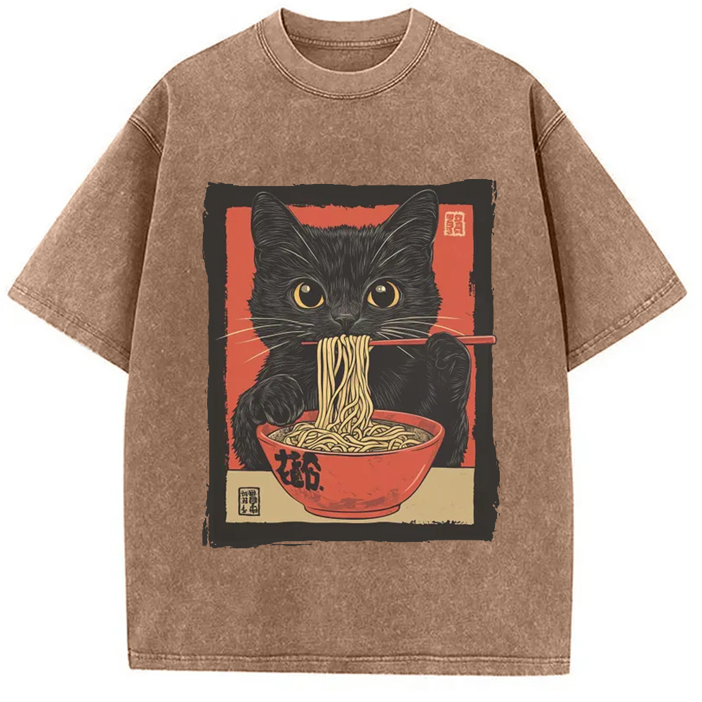 Modecanvas Kawaii Japanese Ramen Cat Vintage Washed T-Shirt