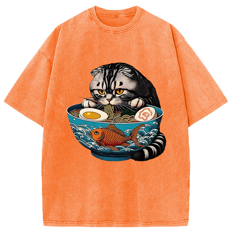 Modecanvas American Shorthair Cat Eating Ramen Washed T-Shirt