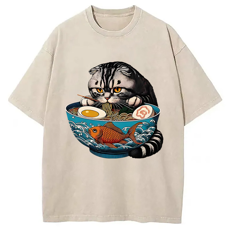 Modecanvas American Shorthair Cat Eating Ramen Washed T-Shirt