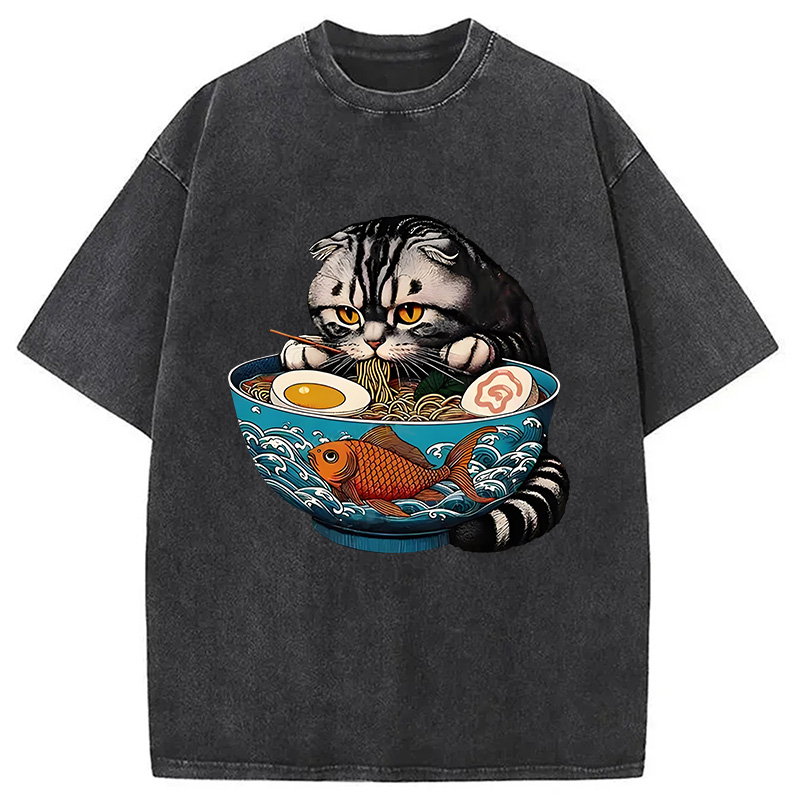Modecanvas American Shorthair Cat Eating Ramen Washed T-Shirt