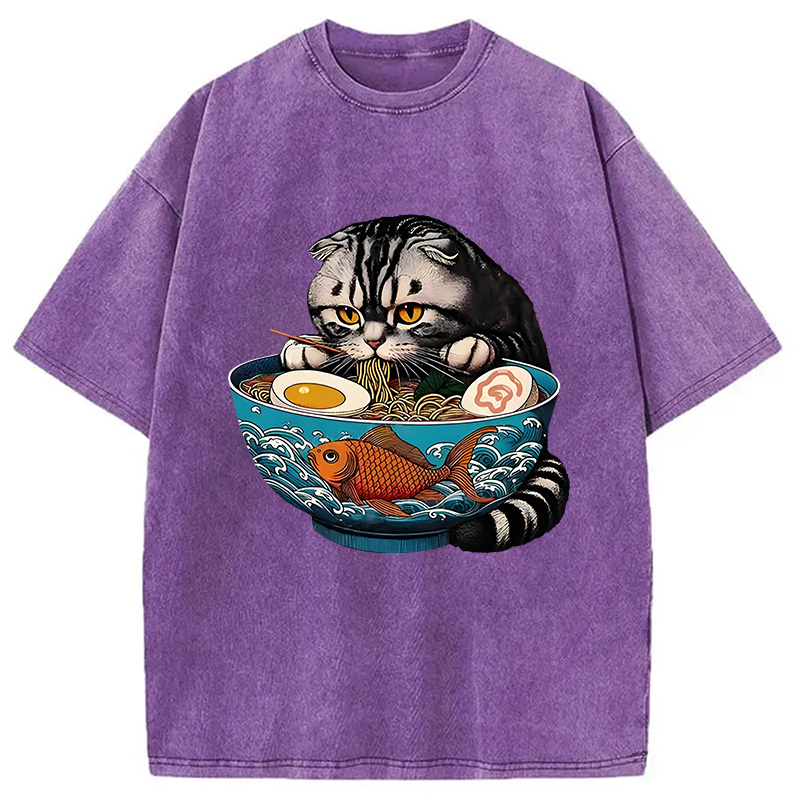 Modecanvas American Shorthair Cat Eating Ramen Washed T-Shirt