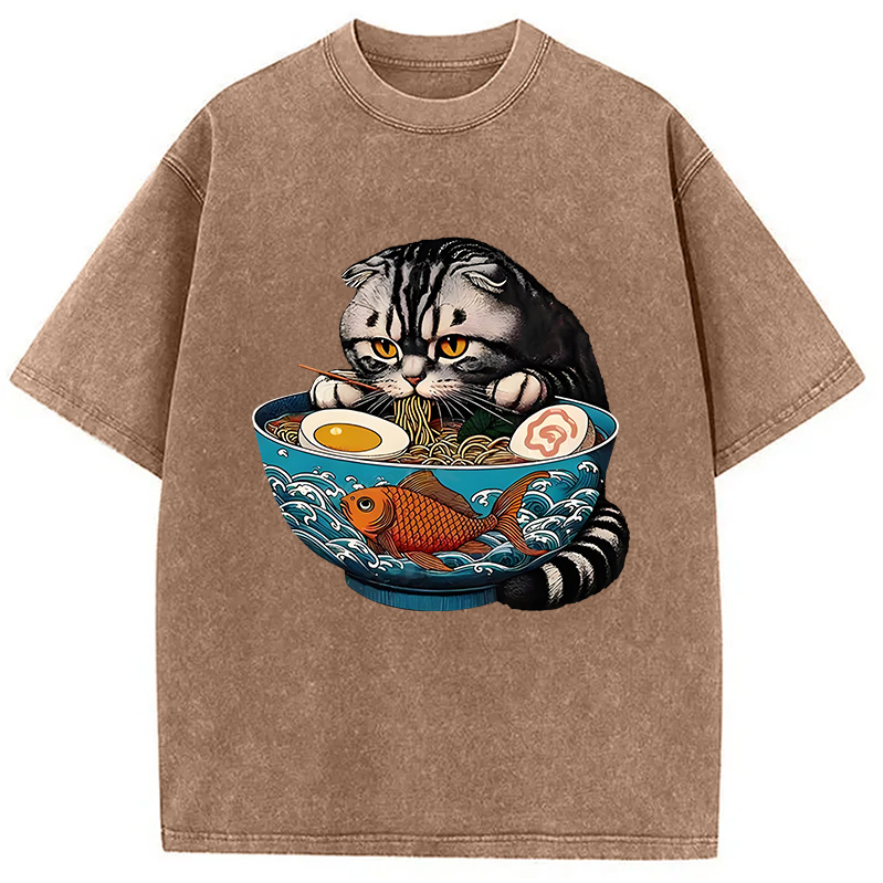 Modecanvas American Shorthair Cat Eating Ramen Washed T-Shirt