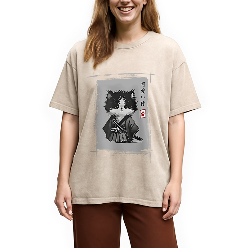 Modecanvas Kitten Samurai Washed T-Shirt