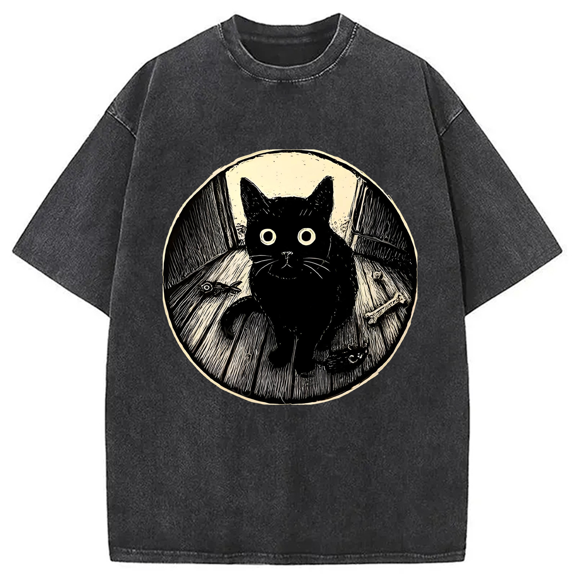 Modecanvas Waiting Black Cat Washed T-Shirt