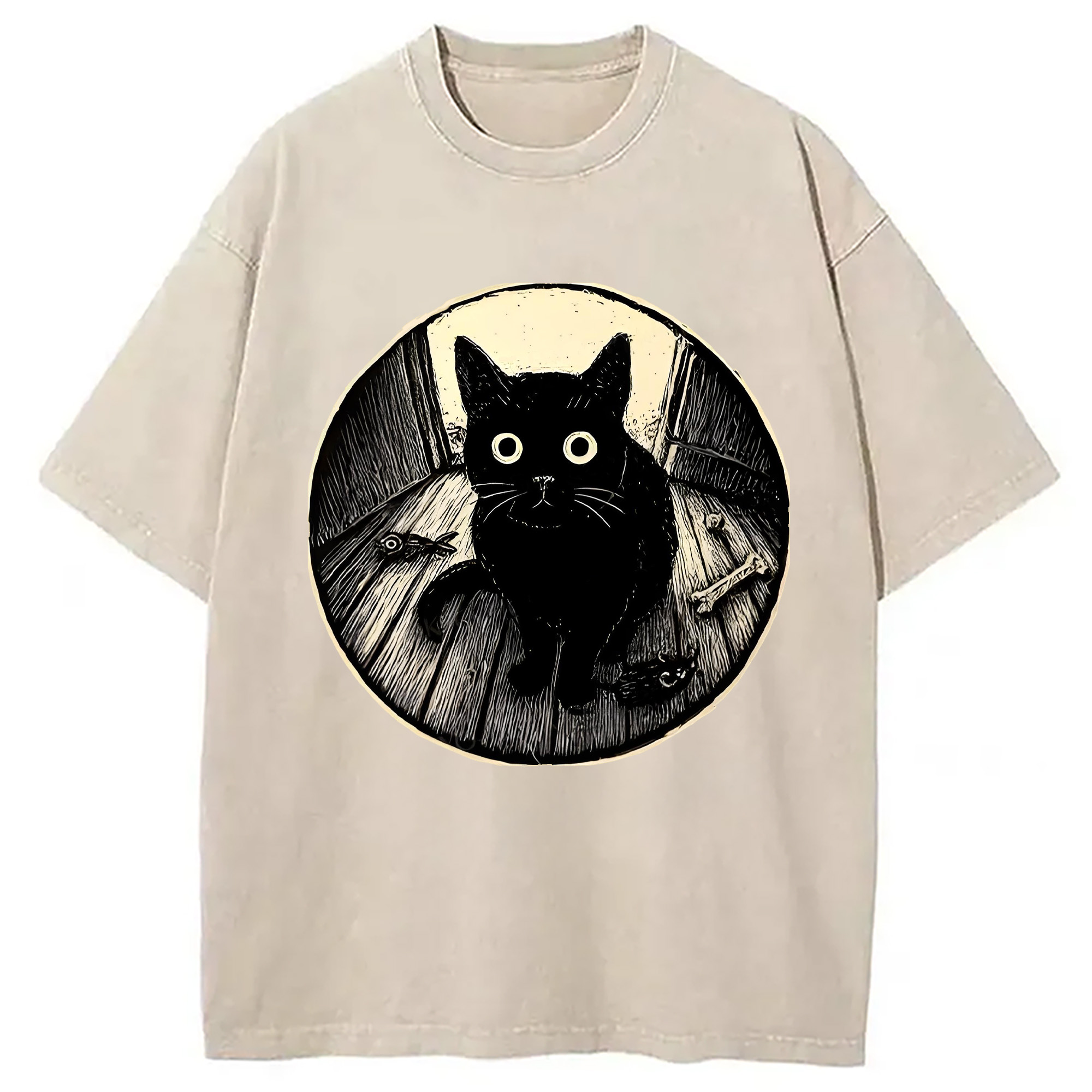Modecanvas Waiting Black Cat Washed T-Shirt