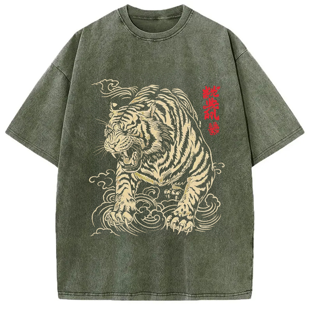Modecanvas Japanese Tiger DTG Printing Washed T-Shirt-modecanvas