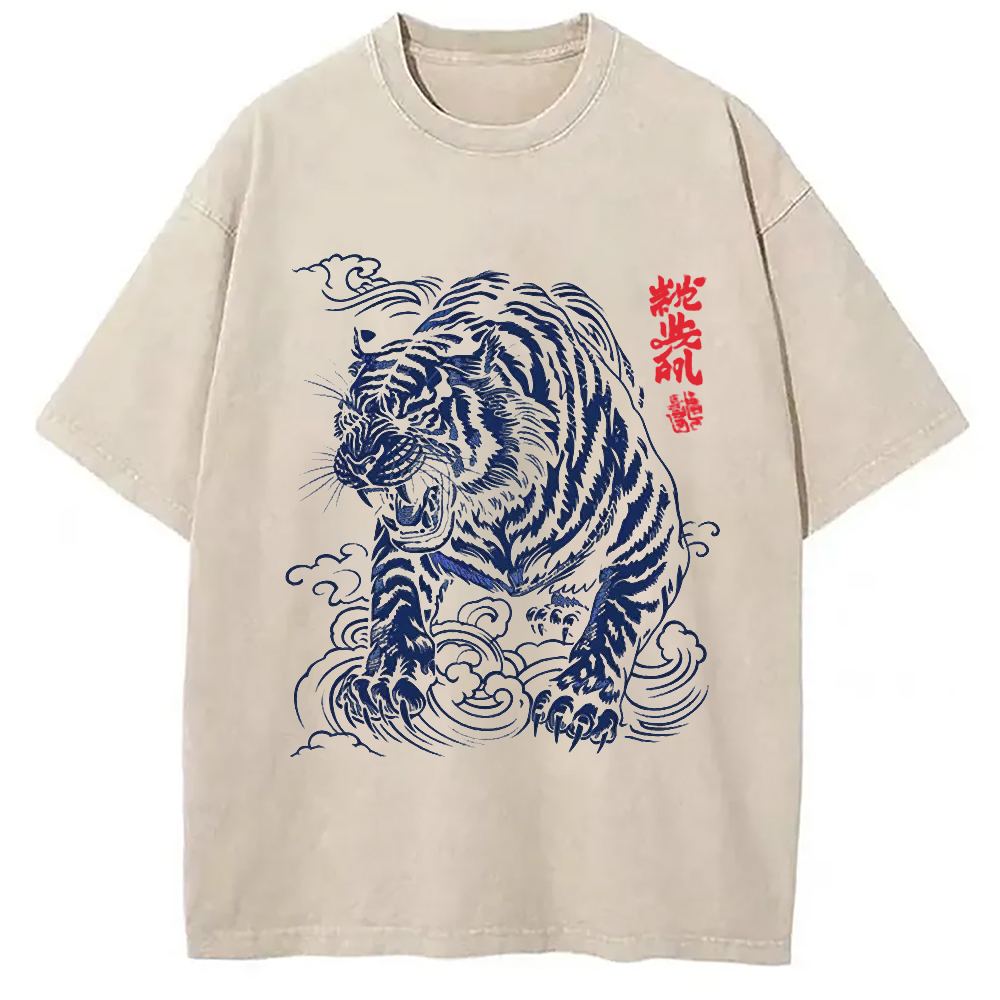 Modecanvas Japanese Tiger DTG Printing Washed T-Shirt-modecanvas