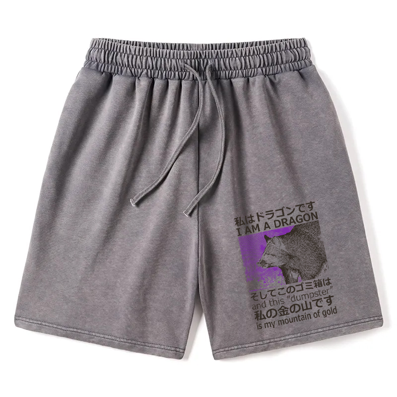 Modecanvas I Am A Dragon and this "Dumpster" is My Mountain of Gold Washed Shorts For Sale