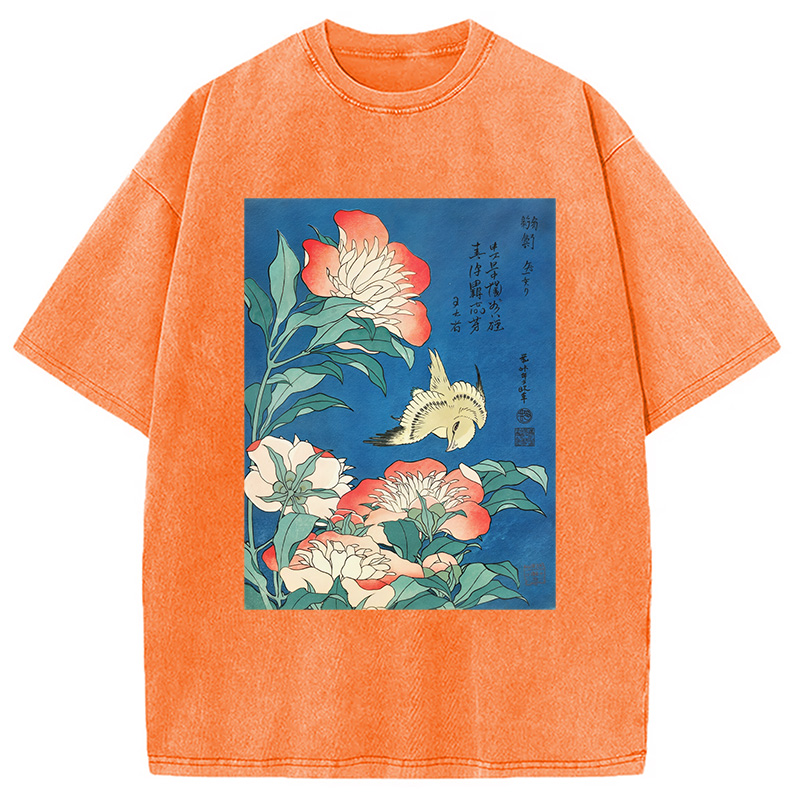 Modecanvas Hokusai Flowers Peonies Bird Washed T-Shirt