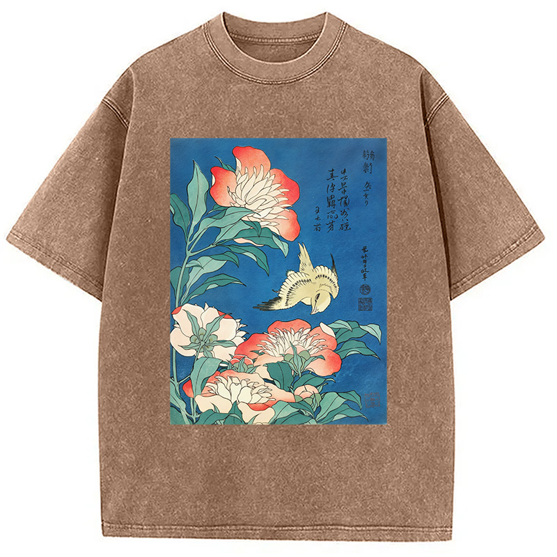 Modecanvas Hokusai Flowers Peonies Bird Washed T-Shirt