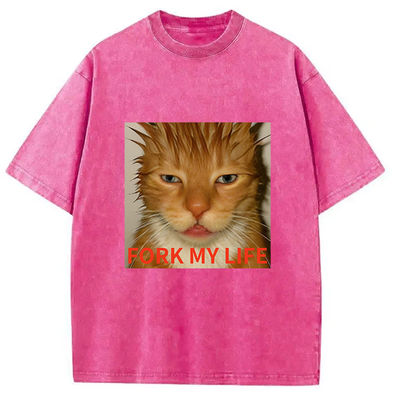 Modecanvas Orange Cat Fork My Life Washed T-Shirt