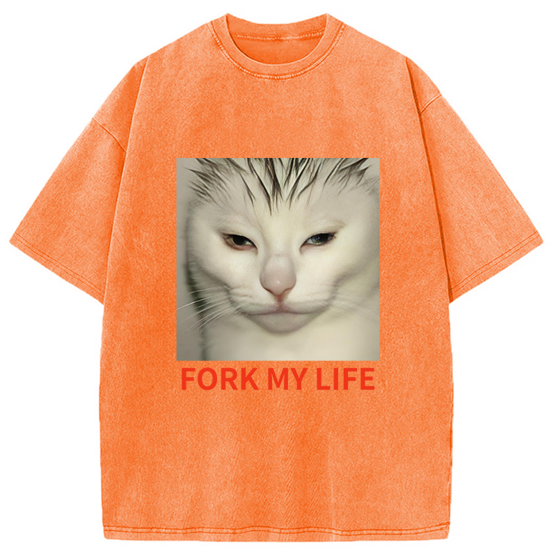 Modecanvas White Cat Fork My Life Washed T-Shirt