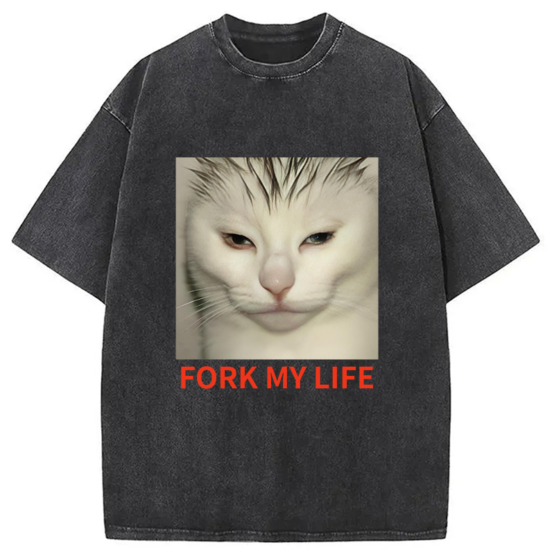 Modecanvas White Cat Fork My Life Washed T-Shirt