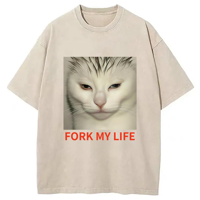 Modecanvas White Cat Fork My Life Washed T-Shirt
