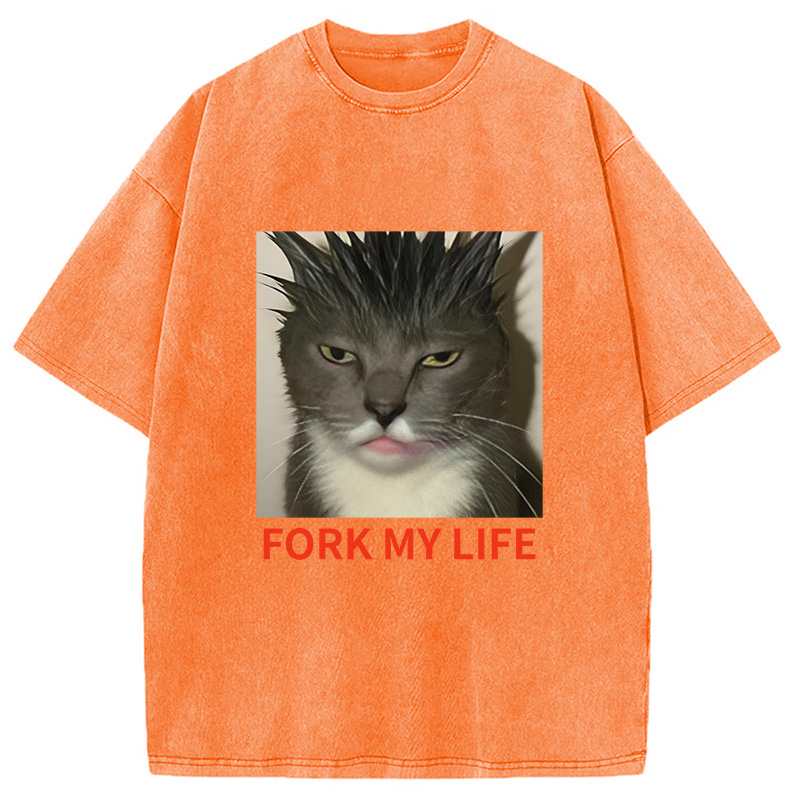 Modecanvas Gray Cat Fork My Life Washed T-Shirt
