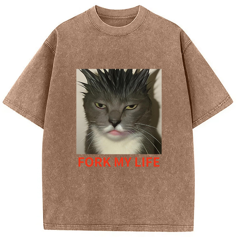 Modecanvas Gray Cat Fork My Life Washed T-Shirt