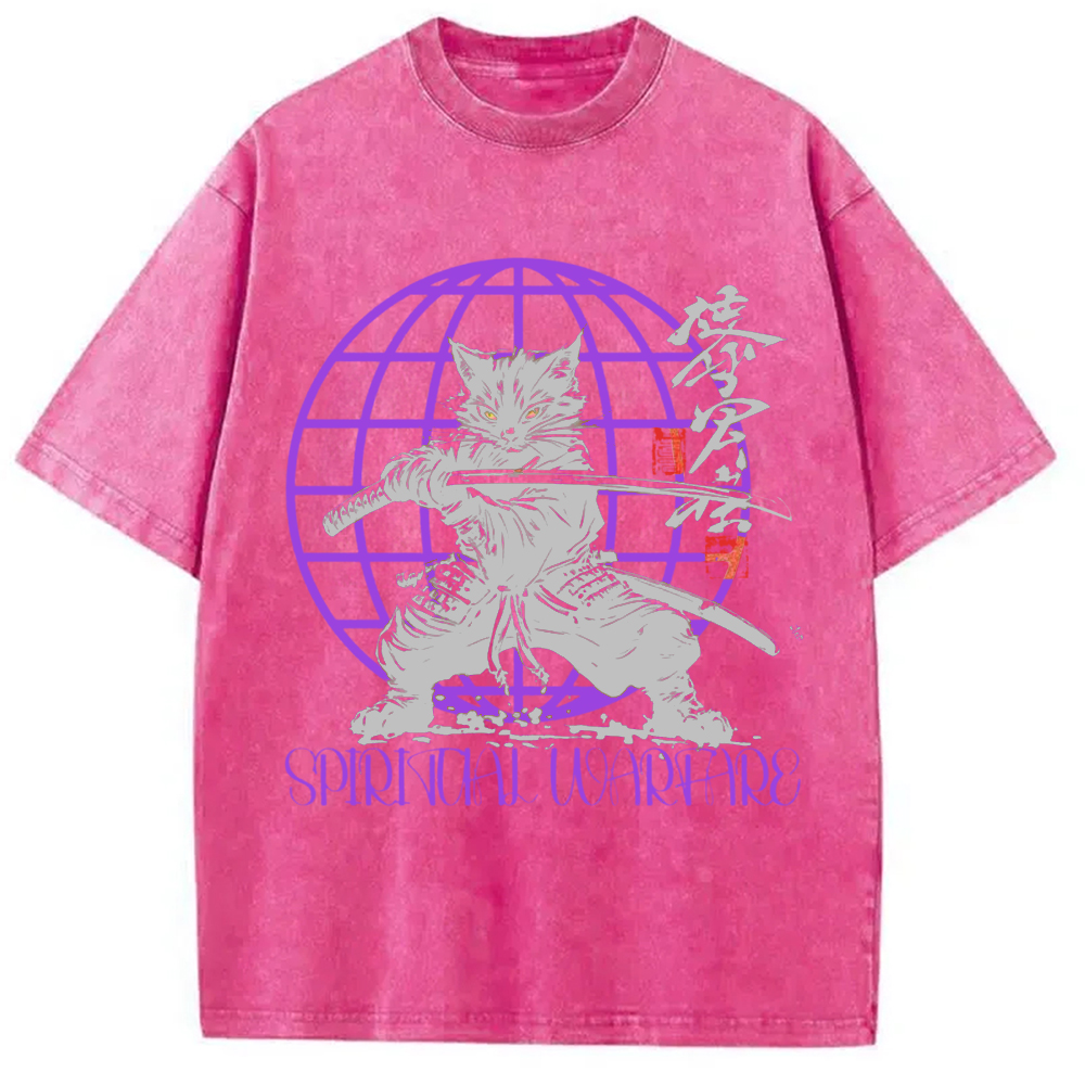Modecanvas Samurai Cat Spiritual Warfare Washed T-Shirt