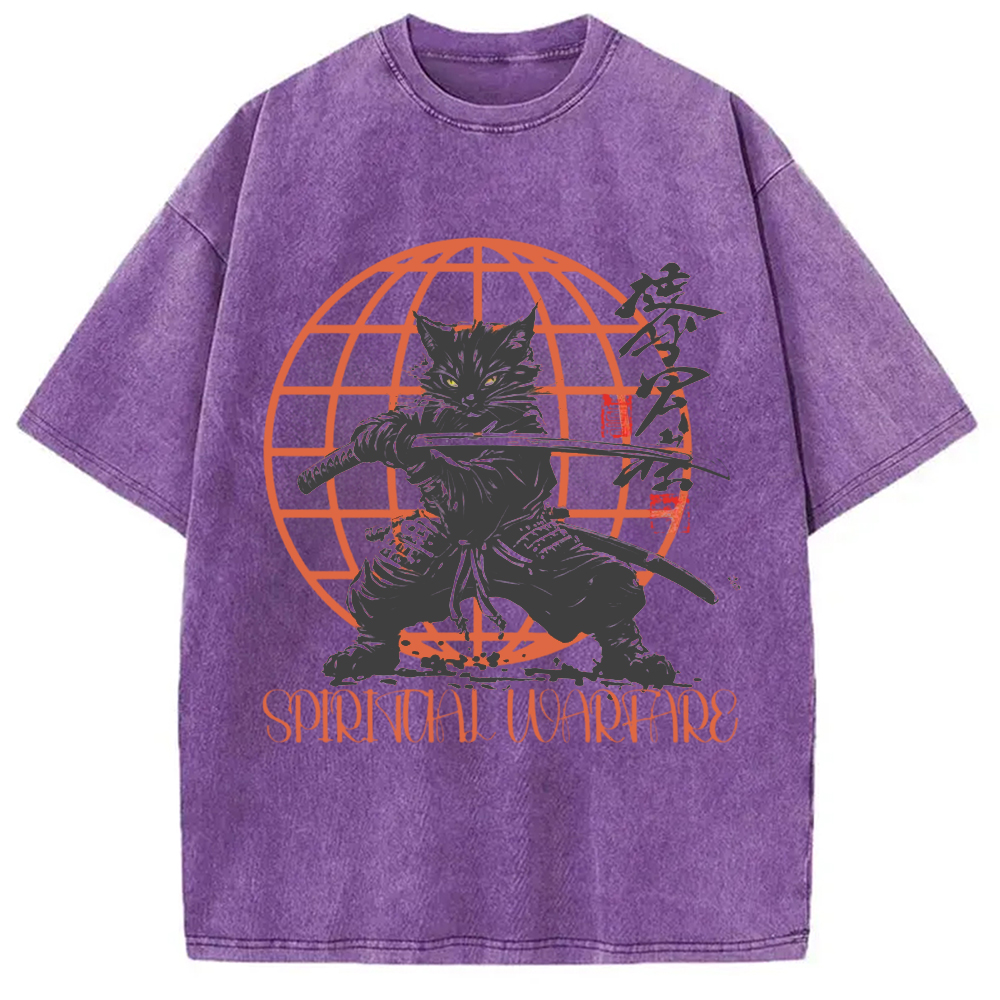 Modecanvas Samurai Cat Spiritual Warfare Washed T-Shirt