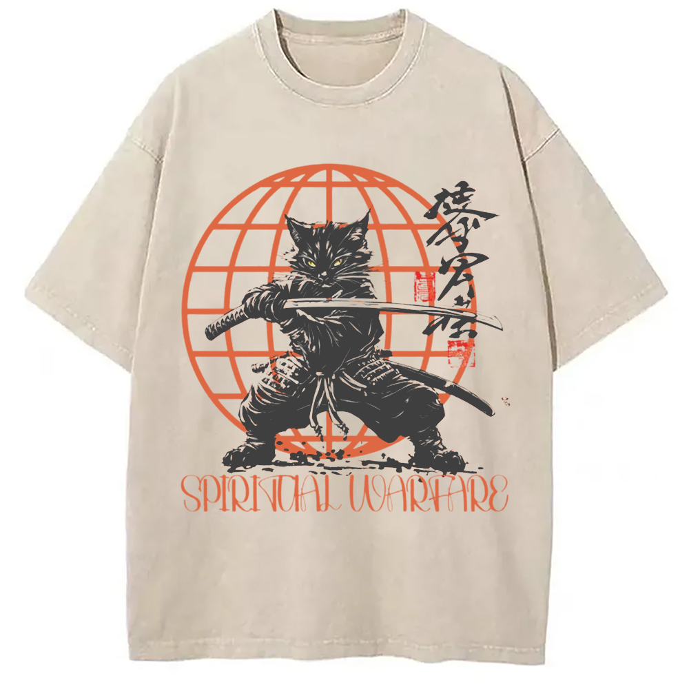 Modecanvas Samurai Cat Spiritual Warfare Washed T-Shirt